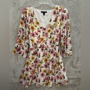 Forever 21 Dress Womens Medium White Floral V-Neck 3/4 Sleeve Elastic Waist Boho